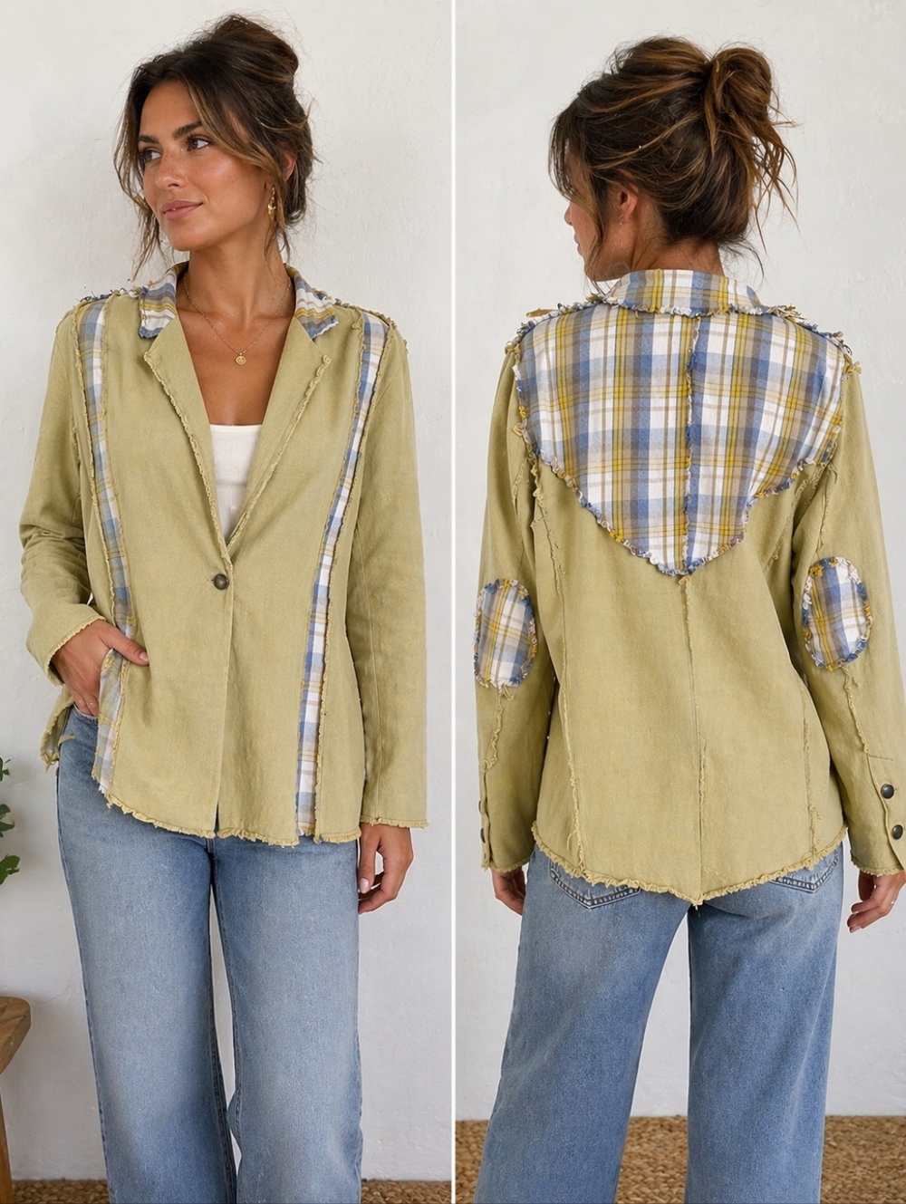 Pol Patchwork Plaid Jacket  Boho Western Lagen Look Summer Size: XL